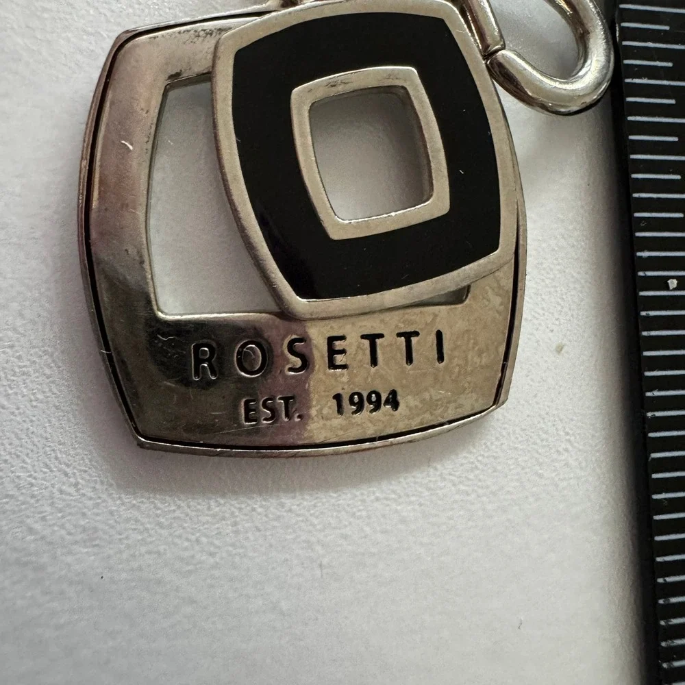 Rosetti Keychain Silver Tone Logo Square Black Enamel Modern‎ Key Ring